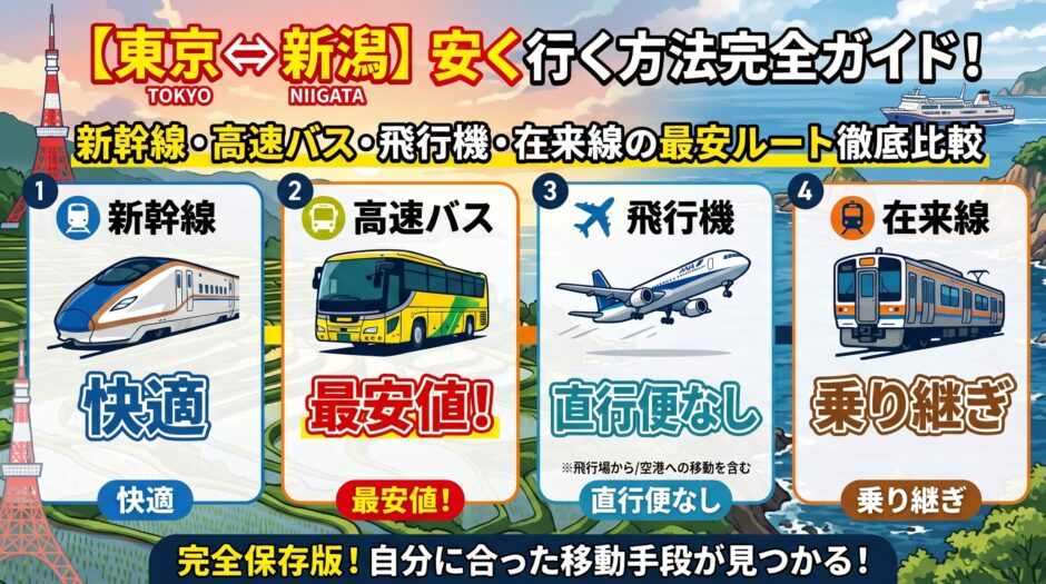 【東京⇔新潟】安く行く方法完全ガイド！新幹線・高速バス・飛行機・在来線の最安ルート徹底比較